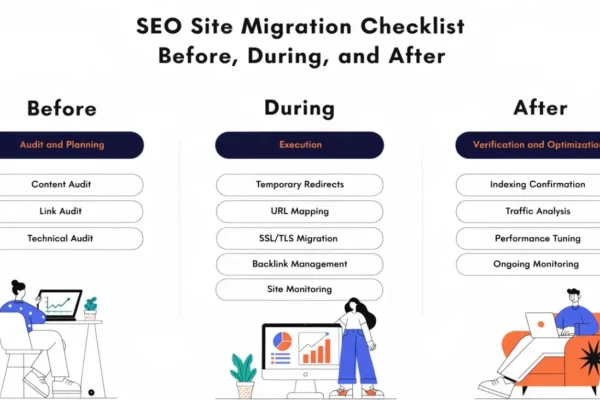 SEO site migration checklist infographic: before (content/link/technical audits), during (redirects, URL mapping, SSL), after (indexing, traffic