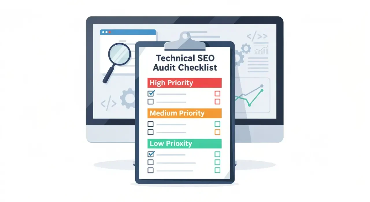 Technical SEO audit checklist on a clipboard with high, medium and low priority tiers, each featuring checkboxes for crawlability and indexation