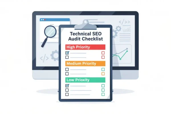 Technical SEO audit checklist on a clipboard with high, medium and low priority tiers, each featuring checkboxes for crawlability and indexation