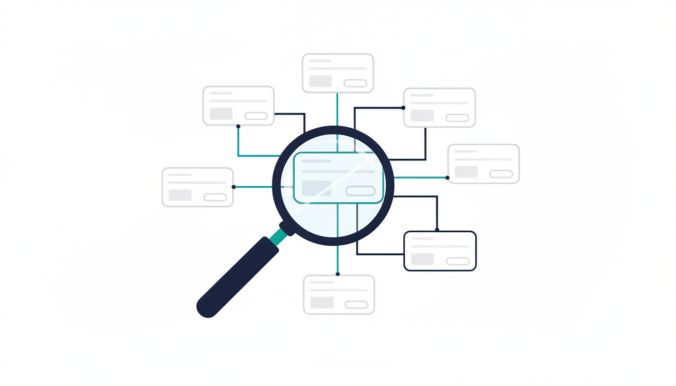 A magnifying glass focused on a single web page card at the centre of a connected network of pages, representing close technical scrutiny of site structure by a specialist rather than a generalist agency