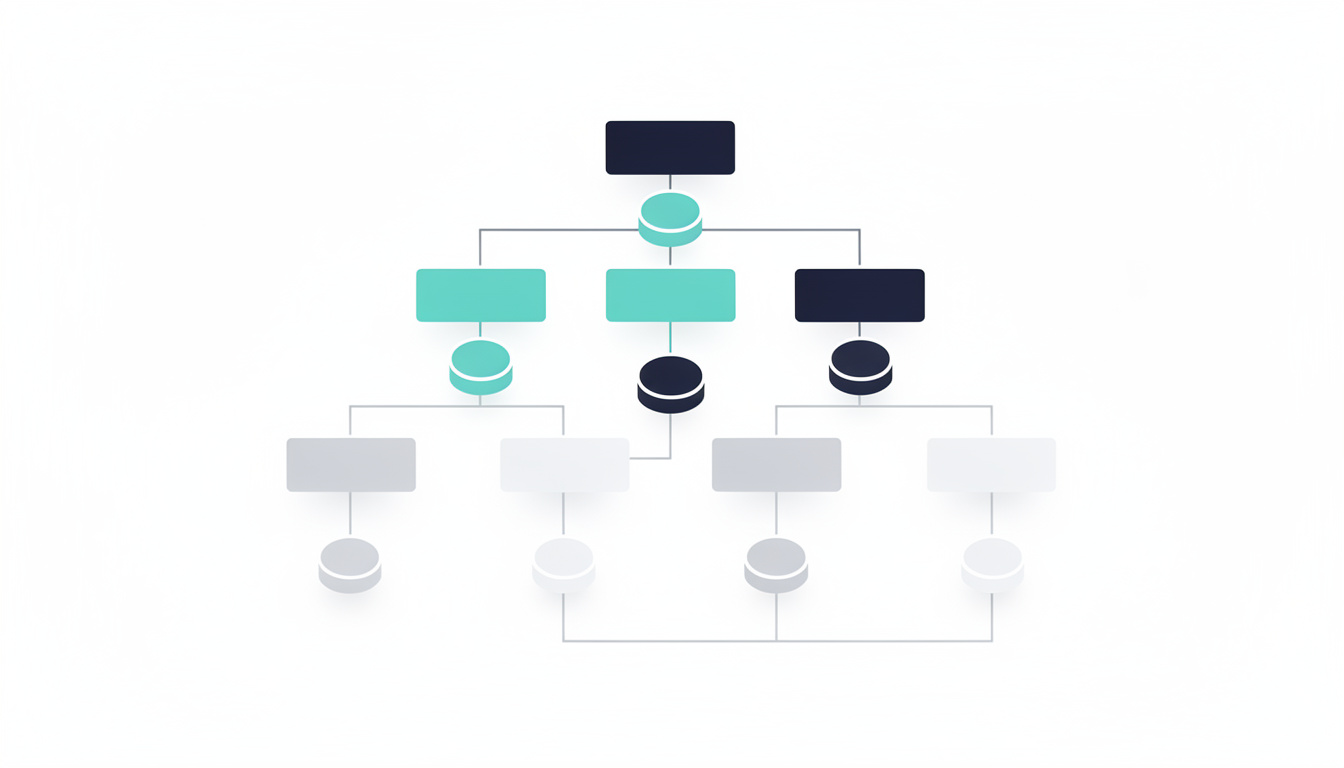 A hierarchical website architecture diagram showing a tree structure with multiple levels; a root node branching into three sections, each with sub-pages below. Nodes at the top levels are highlighted in teal and dark navy, while deeper pages fade to grey, illustrating how site architecture affects crawlability and the flow of authority to deeper content.