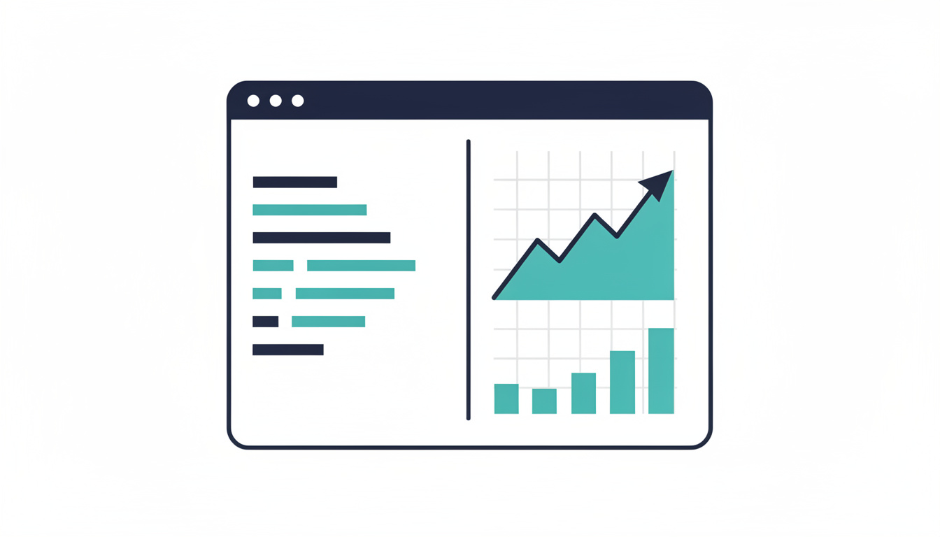 A browser window split into two panels; structured technical documentation on the left and an upward-trending performance chart with rising bars on the right, illustrating how precise technical implementation drives measurable organic growth.